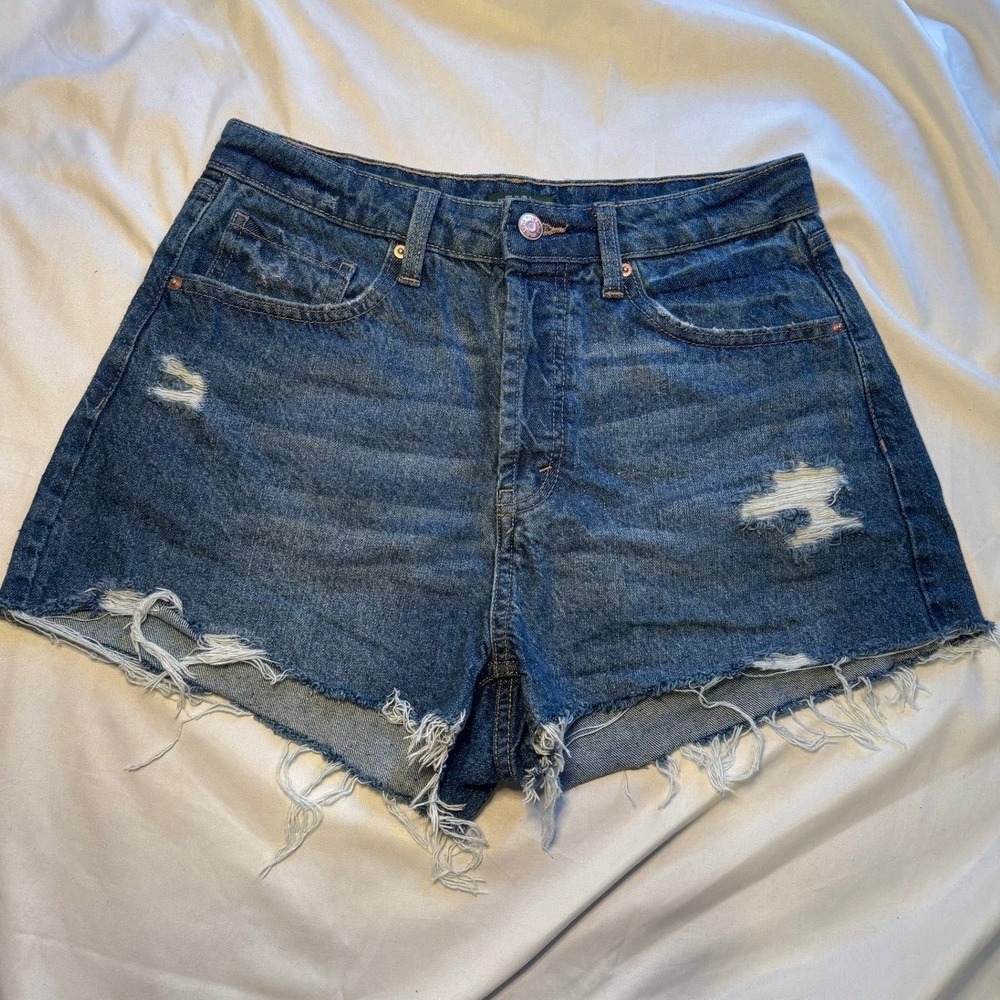 High-Rise Distressed Denim Shorts Womens 8‎ Blue Raw Hem Streetwear Wild Fable